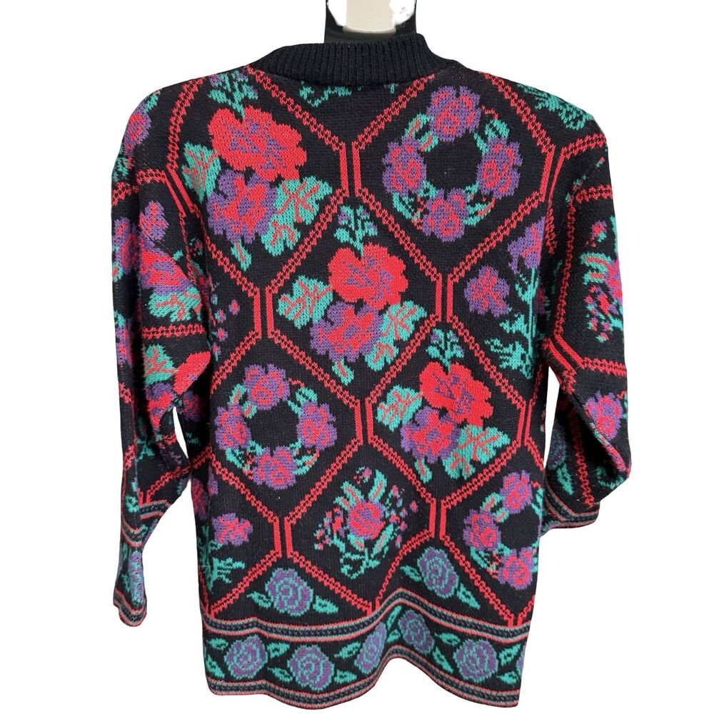 Vintage 80s Headliners pink green floral henley sweatshirt Med black USA - Picture 4 of 10